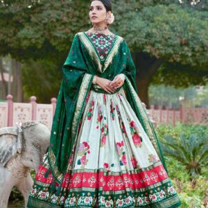 Women's Patola Print Tussar Silk Lehenga Choli Dupatta Set