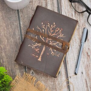 Leather Diary Writing Notebook Unique Handmade Embossed Travel Diary (Deckle Edge Paper Diary), Tree Printed, 200 Pages