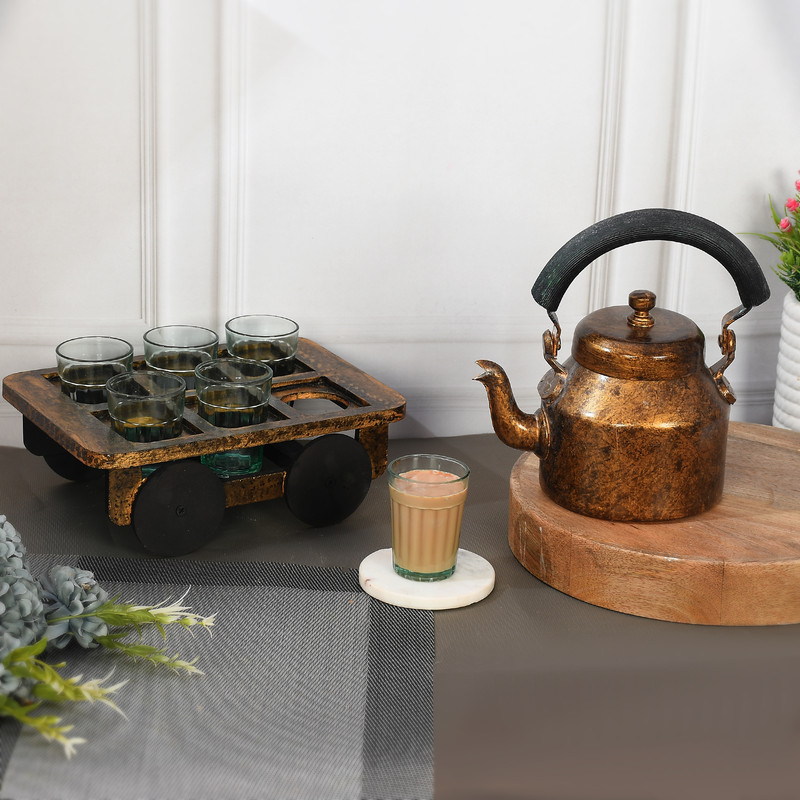HandPainted Alluminium Tea Kettle with 6 Glasses and Wooden Tray For Home Décor , Tea Party , Serving - Image 4