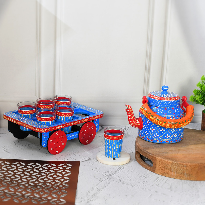 HandPainted Alluminium Tea Kettle with 6 Glasses and Wooden Tray For Home Décor , Tea Party , Serving