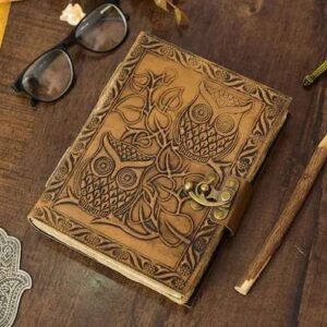 Leather Diary Writing Notebook Unique Handmade Embossed Travel Diary (Deckle Edge Paper Diary),Owl Printed, 200 Pages