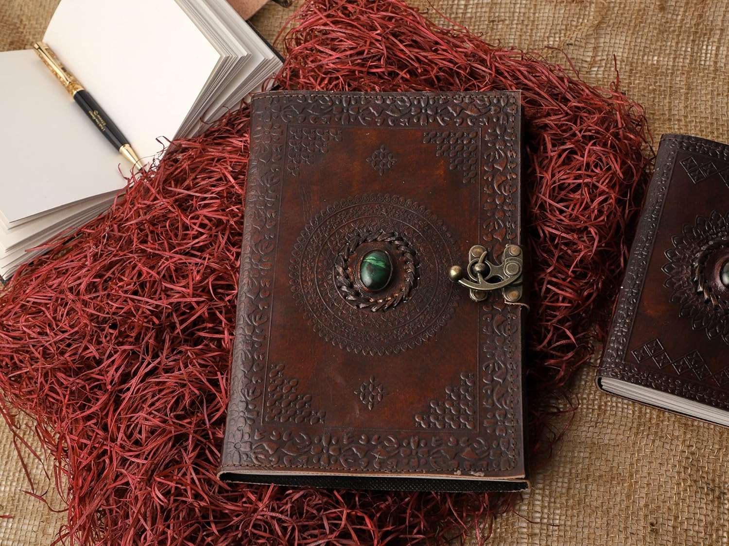 Leather Diary Writing Notebook Unique Handmade Embossed Travel Diary (Deckle Edge Paper Diary), 200 Pages