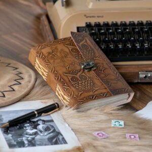 Leather Diary Writing Notebook Unique Handmade Embossed Travel Diary (Deckle Edge Paper Diary), 200 Pages