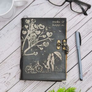 Leather Diary Writing Notebook Unique Handmade Embossed Travel Diary (Deckle Edge Paper Diary), 200 Pages