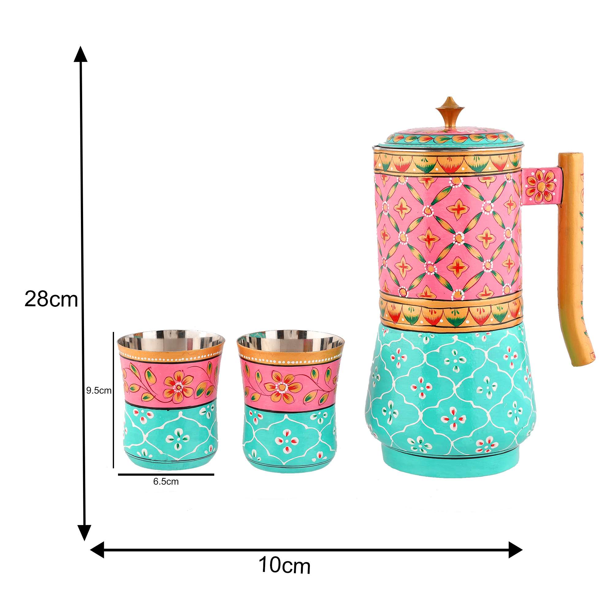 Aluminium Jug Set with 2 Glass Tumblers – 21 cm for kitchen décor ,Table Top , And Home Decoration - Image 4