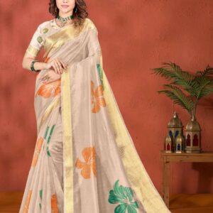 Beige Soft Silk Saree with Bold Floral Print & Golden Zari Border