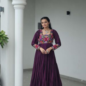 Wine Navratri Special 14 Kg Reyon Designer Gown with Kutchi Gamthi Work ? Flared Ethnic Wear for Women