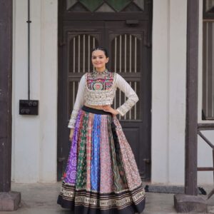 Cotton Printed Navratri Lehenga Choli Set with Gota & Mirror Lace