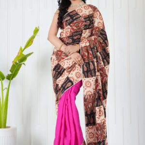 Women’s Cream Black Patchwork Printed Saree with Pink Base Blouse Piece Elegant Ethnic Wear
