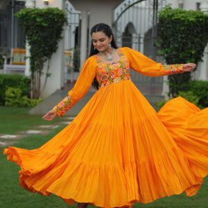 Yellow Navratri Special 14 Kg Reyon Designer Gown with Kutchi Gamthi Work | Flared Ethnic Wear for Women