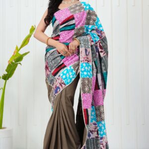 Women’s Multicolor Patchwork Printed Saree with Brown Base Blouse Piece Stylish Ethnic Wear