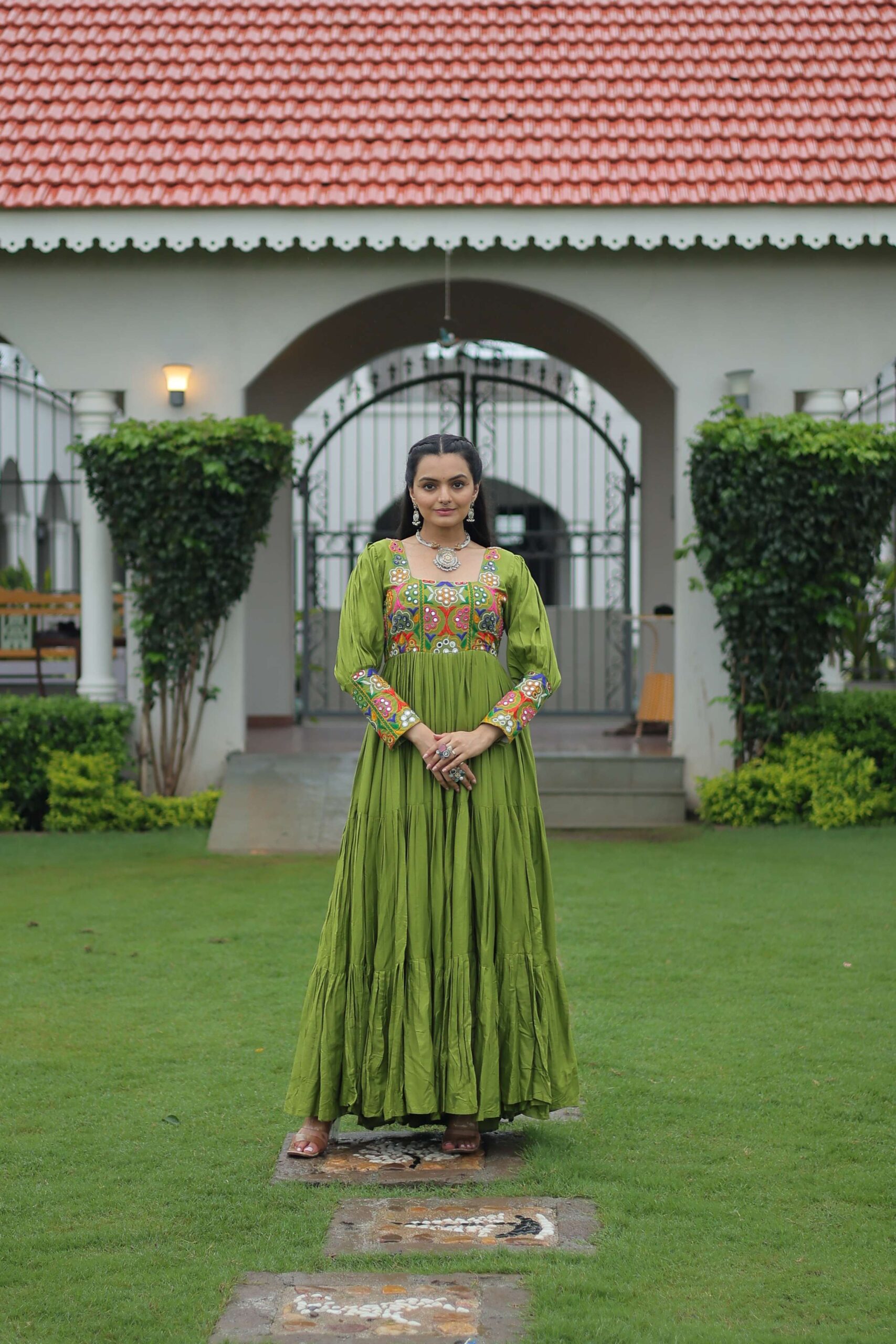 Perot Navratri Special 14 Kg Reyon Designer Gown with Kutchi Gamthi Work ? Flared Ethnic Wear for Women